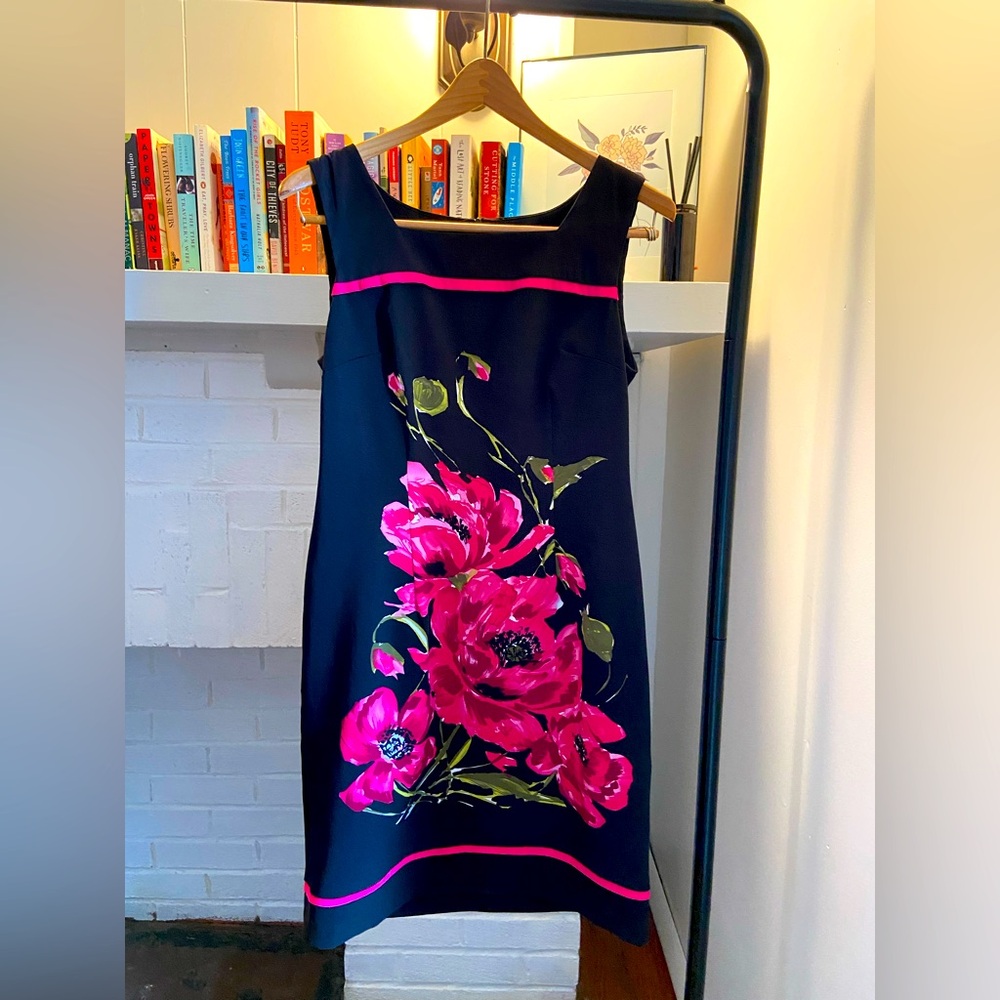Connected Apparel pink floral black sleeveless sheath dress, Size 6